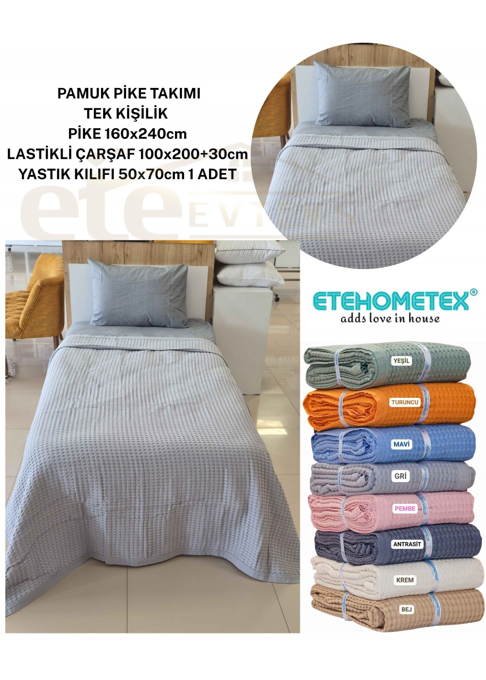 ETEHOMETEX HAVUZLU PİKE TAKIMI %100 PAMUK TEK KİŞİLİK GRİ 8696474232110
